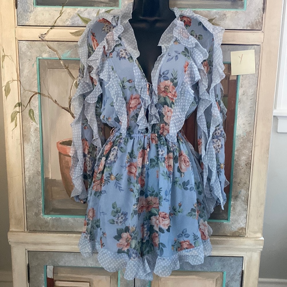ZIMMERMANN BLUE FLORAL WINSOME RUFFLE